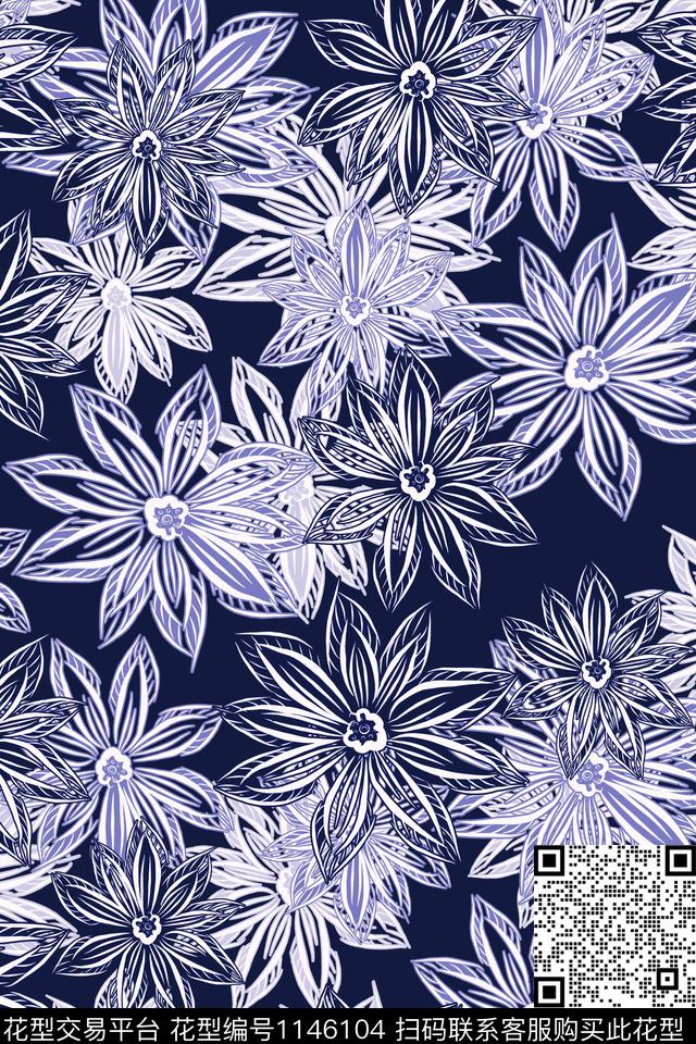 线条抽象花卉女装传统印花花型下载（图片编号: 1146104） - 瓦栏（Walan）
