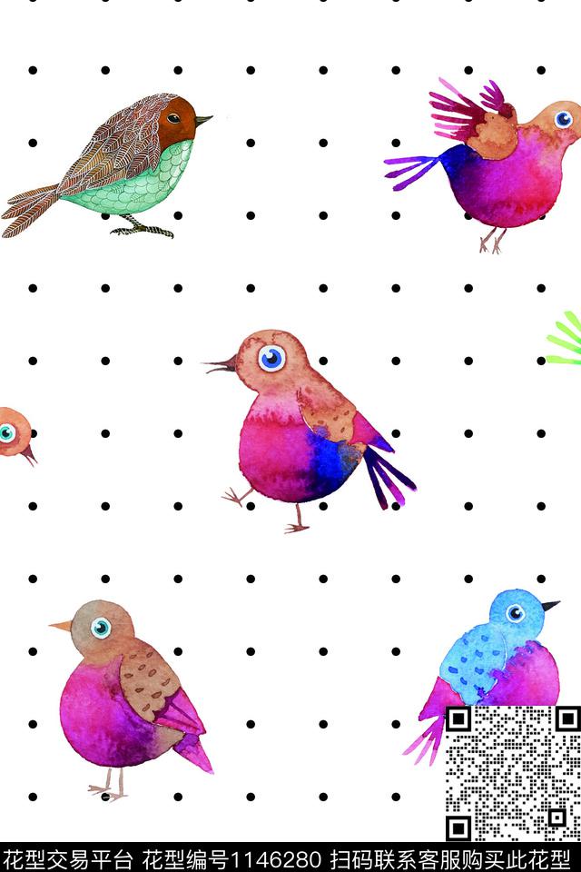 18111802-1.jpg - 1146280 - 可爱 手绘鸟 波点 - 数码印花花型 － 童装花型设计 － 瓦栏