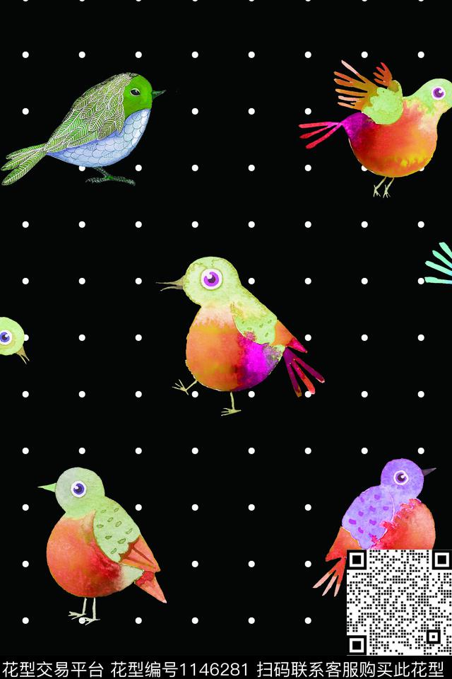 18111802-2.jpg - 1146281 - 可爱 手绘鸟 波点 - 数码印花花型 － 童装花型设计 － 瓦栏