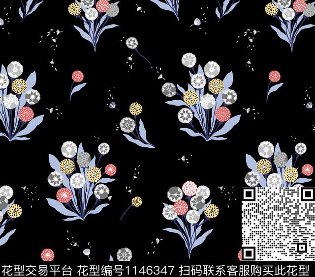 蒲公英几何花卉小碎花传统印花花型下载（图片编号: 1146347） - 瓦栏（Walan）