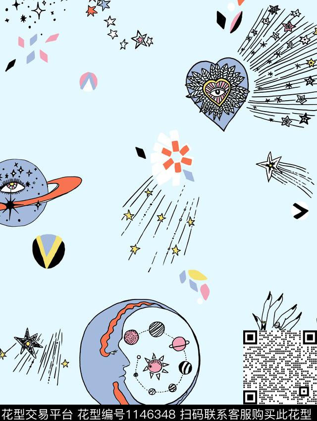 月亮几何星空传统印花花型下载（图片编号: 1146348） - 瓦栏（Walan）