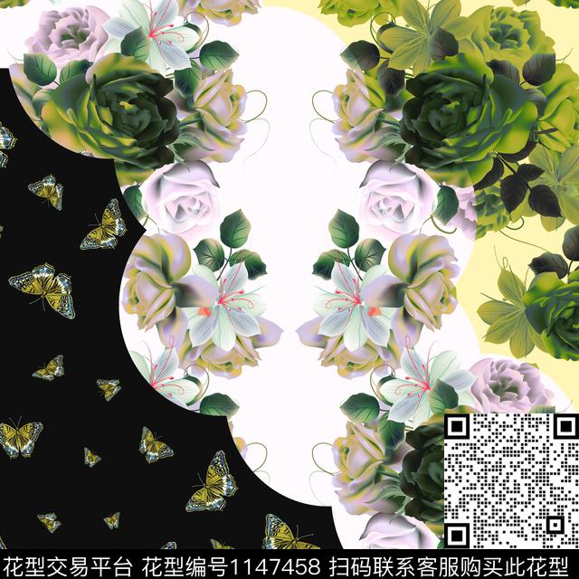Y-17FJ79-2.jpg - 1147458 - 方巾 手绘玫瑰 蝴蝶 - 数码印花花型 － 方巾花型设计 － 瓦栏