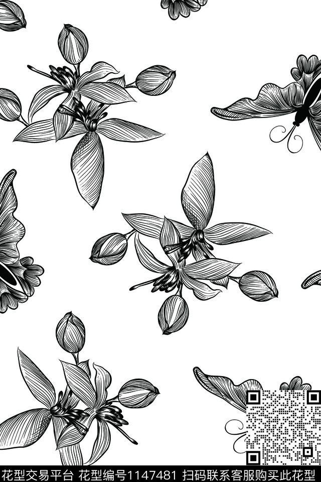 18112107-1.jpg - 1147481 - 线条花卉 简约 线条蝴蝶 - 数码印花花型 － 童装花型设计 － 瓦栏