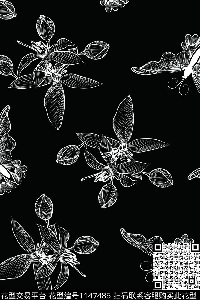 18112107-5.jpg - 1147485 - 线条花卉 简约 线条蝴蝶 - 数码印花花型 － 童装花型设计 － 瓦栏