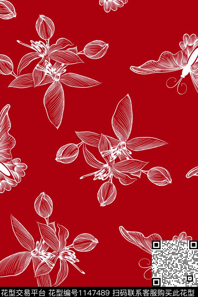 18112107-3.jpg - 1147489 - 线条花卉 简约 线条蝴蝶 - 数码印花花型 － 童装花型设计 － 瓦栏