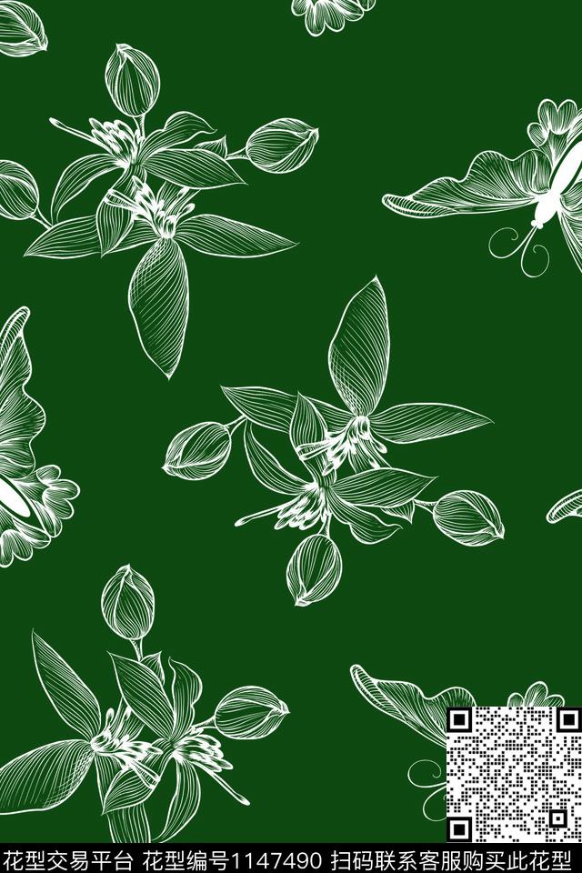18112107-4.jpg - 1147490 - 线条花卉 简约 线条蝴蝶 - 数码印花花型 － 童装花型设计 － 瓦栏