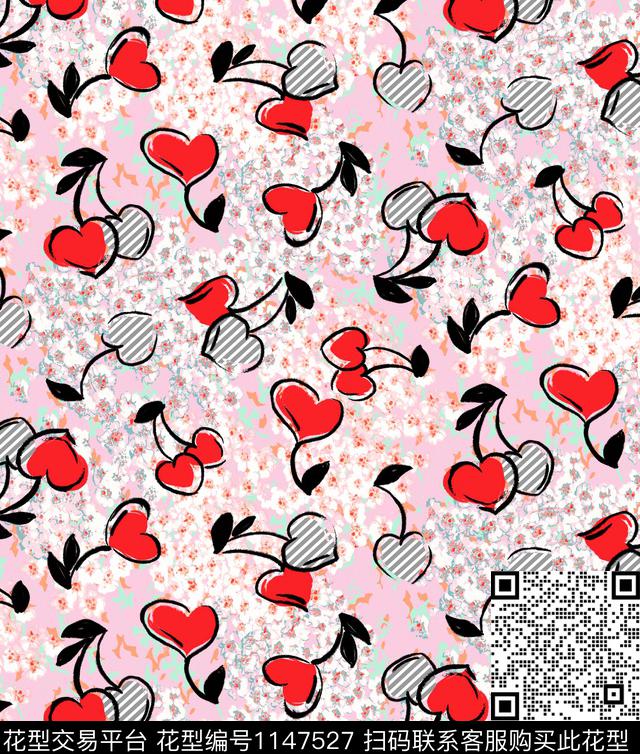 手绘爱心花卉.jpg - 1147527 - 手绘 爱心 黑白条纹 - 传统印花花型 － 童装花型设计 － 瓦栏