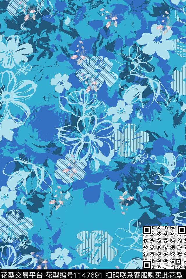 淡雅蓝色花卉.jpg - 1147691 - 蓝色 风格化花卉 女装 - 数码印花花型 － 女装花型设计 － 瓦栏