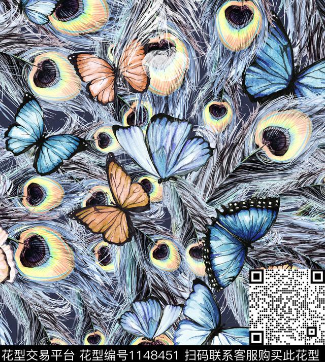 181124蝴蝶蓝.jpg - 1148451 - 昆虫 趣味 羽毛 - 数码印花花型 － 女装花型设计 － 瓦栏