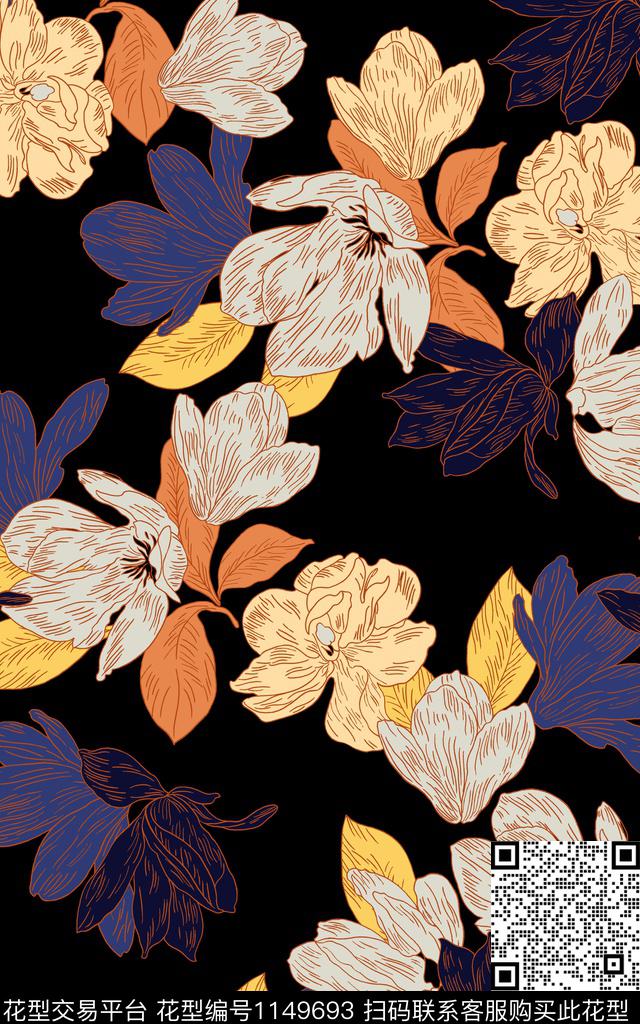 手绘花卉抽象花卉线稿数码印花花型下载（图片编号: 1149693） - 瓦栏（Walan）