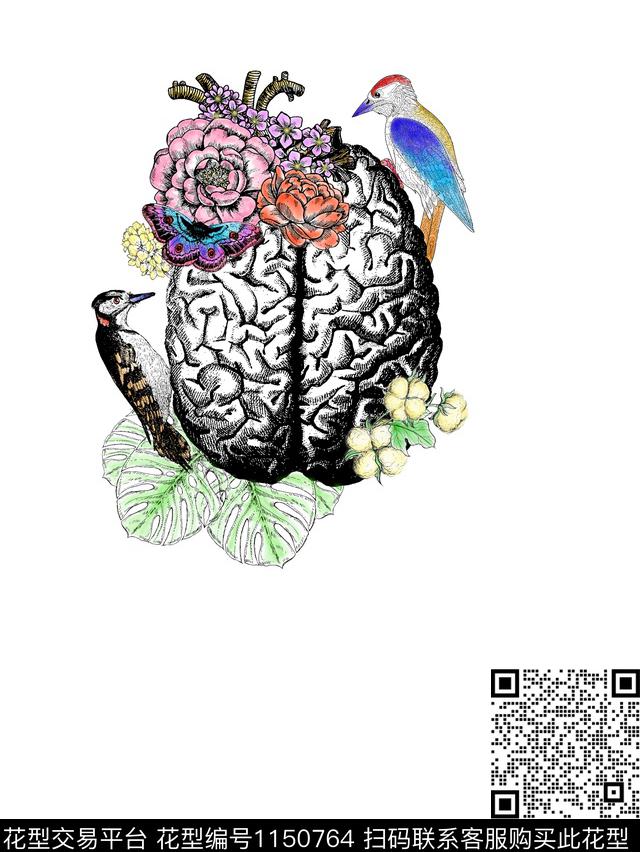啄木鸟食脑.jpg - 1150764 - 春夏花型 时尚 创意 - 数码印花花型 － 男装花型设计 － 瓦栏