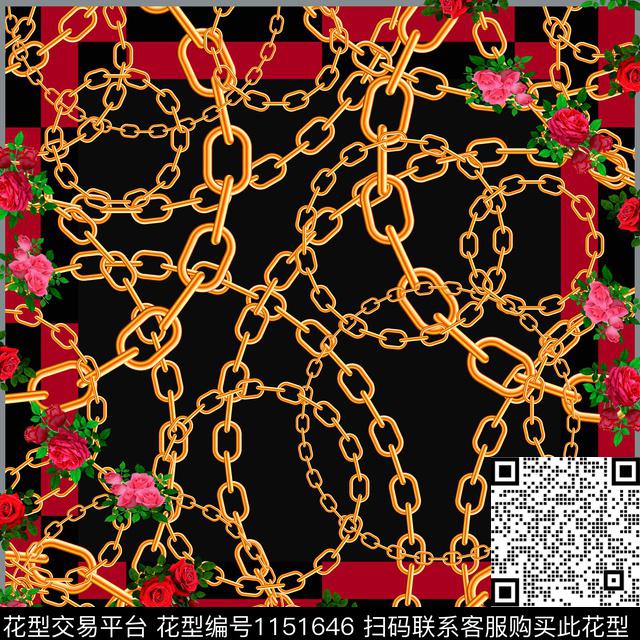 Y-17FJ80-1.jpg - 1151646 - 方巾 手绘玫瑰 链条 - 数码印花花型 － 方巾花型设计 － 瓦栏