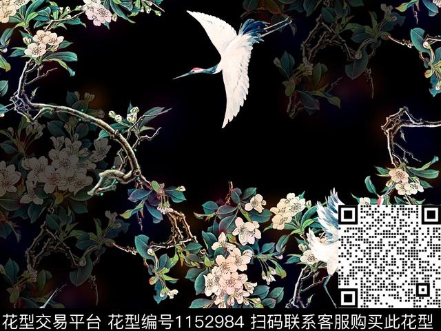 丹顶鹤-黑.jpg - 1152984 - 大牌风 中国 花卉 - 数码印花花型 － 女装花型设计 － 瓦栏