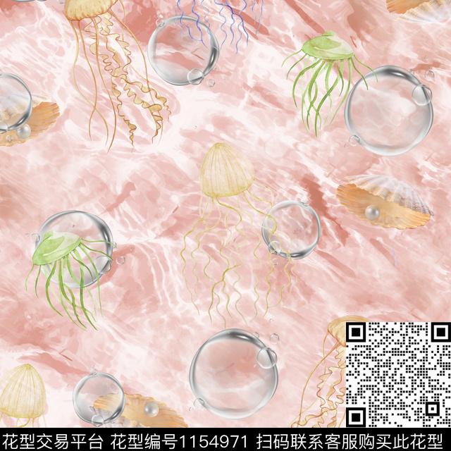 碧波海水水彩水母通透水泡-1.jpg - 1154971 - 水彩 水母 海洋 - 数码印花花型 － 床品花型设计 － 瓦栏