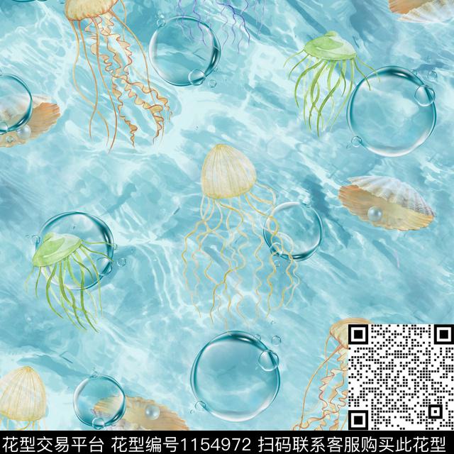 碧波海水水彩水母通透水泡.jpg - 1154972 - 水彩 水母 海洋 - 数码印花花型 － 床品花型设计 － 瓦栏