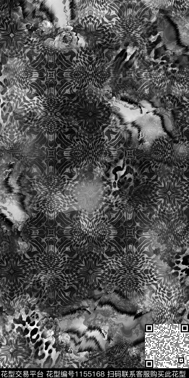 GHY18120116-黑白.jpg - 1155168 - 豹纹 黑白花型 抽象花卉 - 传统印花花型 － 男装花型设计 － 瓦栏