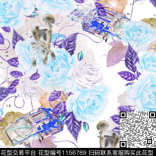 水彩花叠叠汽车机构机器人-1.jpg - 1156789 - 汽车 水彩花卉 机器人 - 数码印花花型 － 女装花型设计 － 瓦栏