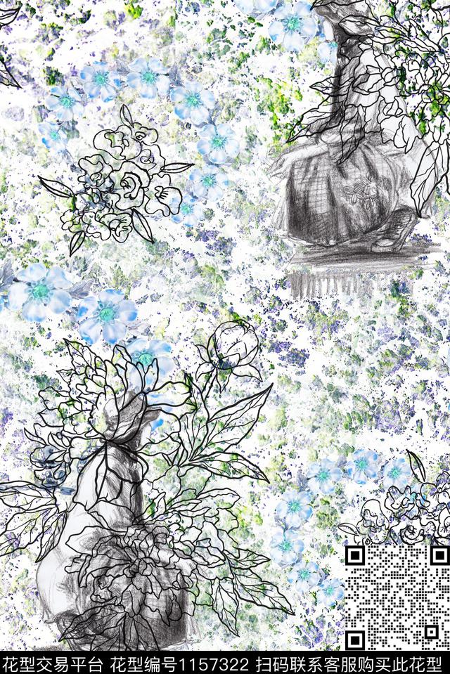 肌理底纹素描少女白描花卉.jpg - 1157322 - 抽象花卉 纹理 少女 - 数码印花花型 － 女装花型设计 － 瓦栏