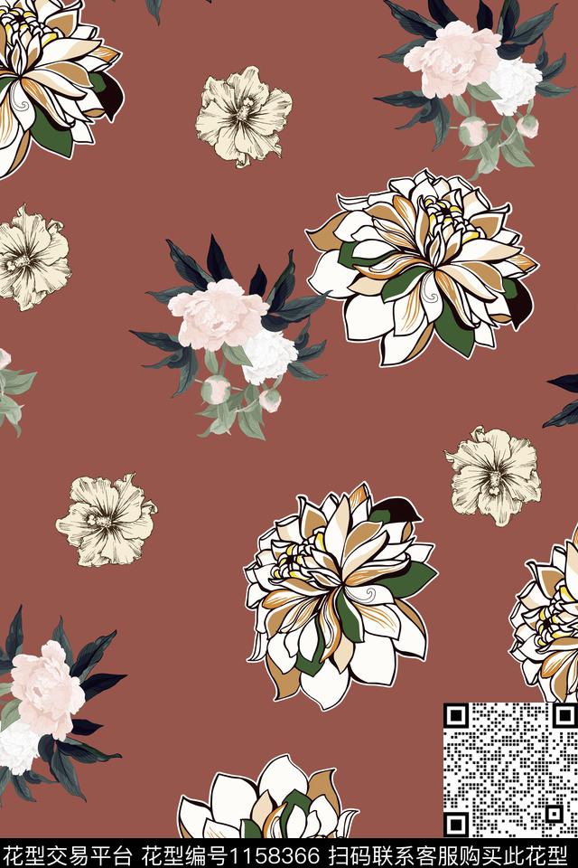 女装数码花型手绘花卉数码印花花型下载（图片编号: 1158366） - 瓦栏（Walan）