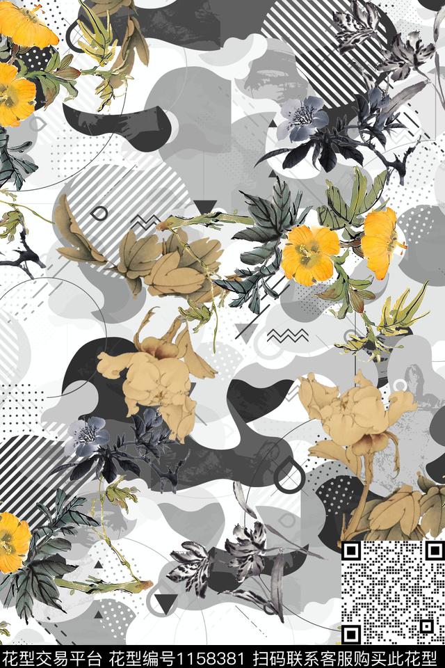 17-抽象几何花卉服装面料花型.jpg - 1158381 - 几何 抽象 国画花卉 - 数码印花花型 － 女装花型设计 － 瓦栏