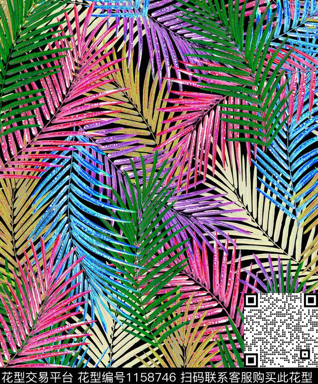 tropic leaf repeat s.jpg - 1158746 - 绿植树叶 热带花型 炫彩 - 数码印花花型 － 女装花型设计 － 瓦栏