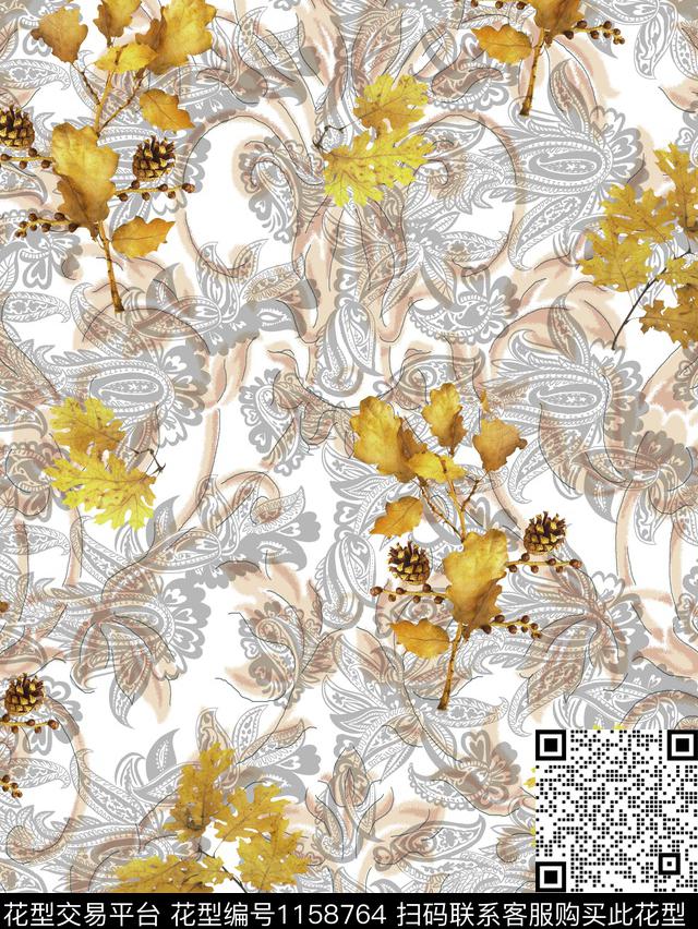 佩斯利欧式纹样松果叶子-1.jpg - 1158764 - 佩斯利 欧洲 绿植树叶 - 数码印花花型 － 女装花型设计 － 瓦栏