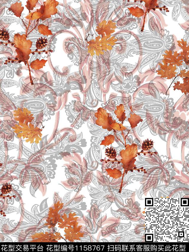 佩斯利欧式纹样松果叶子.jpg - 1158767 - 佩斯利 欧洲 绿植树叶 - 数码印花花型 － 女装花型设计 － 瓦栏