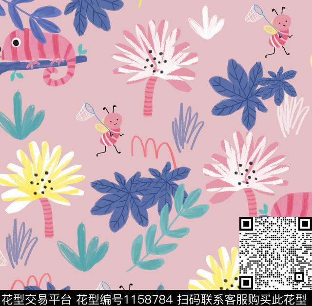 蜥蜴春夏花型女童粉色传统印花花型下载（图片编号: 1158784） - 瓦栏（Walan）