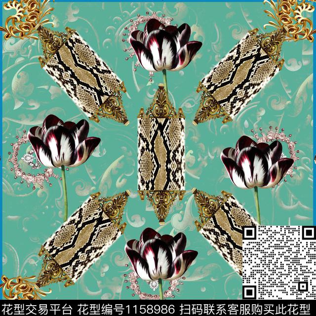 Y-17FJ82-1.jpg - 1158986 - 方巾 蛇纹 欧式纹理 - 数码印花花型 － 方巾花型设计 － 瓦栏