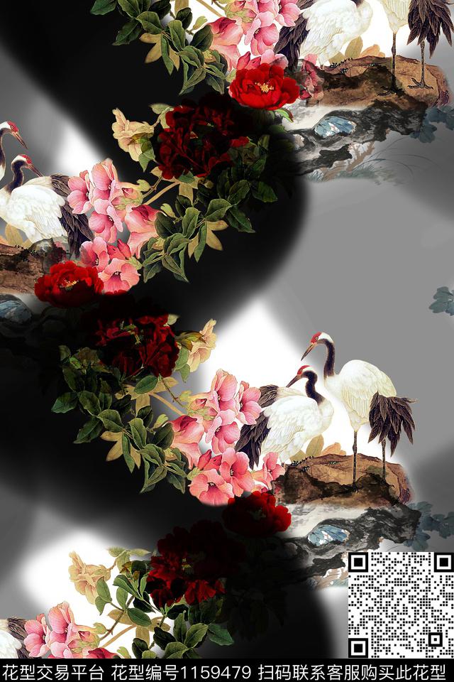 Y17M411-1.jpg - 1159479 - 仙鹤 旗袍 渐变 - 数码印花花型 － 女装花型设计 － 瓦栏