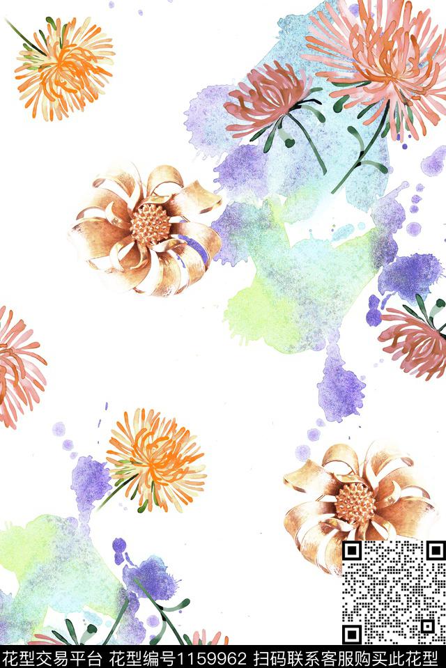 水彩小雏菊.jpg - 1159962 - 金属 水彩花卉 喷点 - 数码印花花型 － 女装花型设计 － 瓦栏