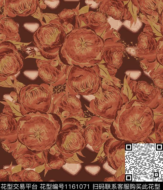 16782.jpg - 1161071 - 大牌风 几何 花卉 - 数码印花花型 － 床品花型设计 － 瓦栏