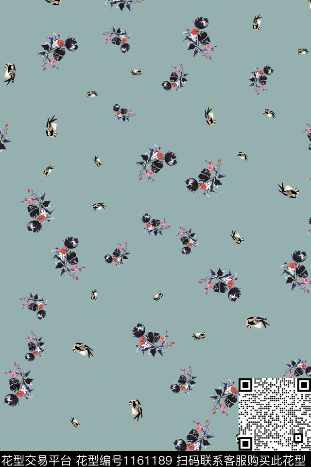 鸟水墨风小碎花数码印花花型下载（图片编号: 1161189） - 瓦栏（Walan）