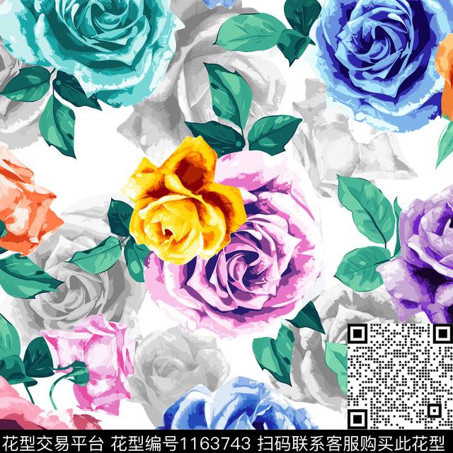 00975.jpg - 1163743 - 手绘 玫瑰花 数码花型 - 数码印花花型 － 泳装花型设计 － 瓦栏