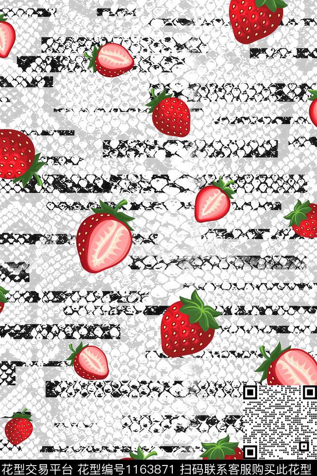 草莓蛇皮 12.25.jpg - 1163871 - 动物纹 水果 混合拼接 - 数码印花花型 － 女装花型设计 － 瓦栏