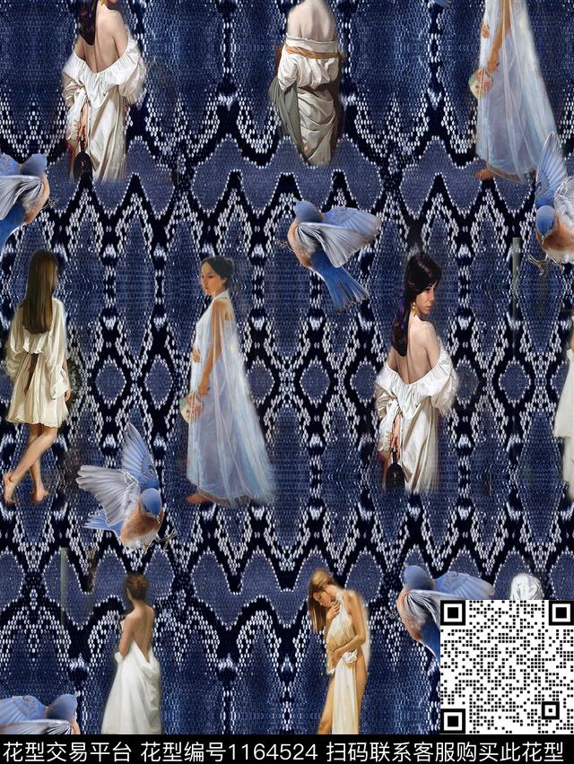 蛇皮，油画仕女.jpg - 1164524 - 时尚 女装 大牌风 - 数码印花花型 － 女装花型设计 － 瓦栏