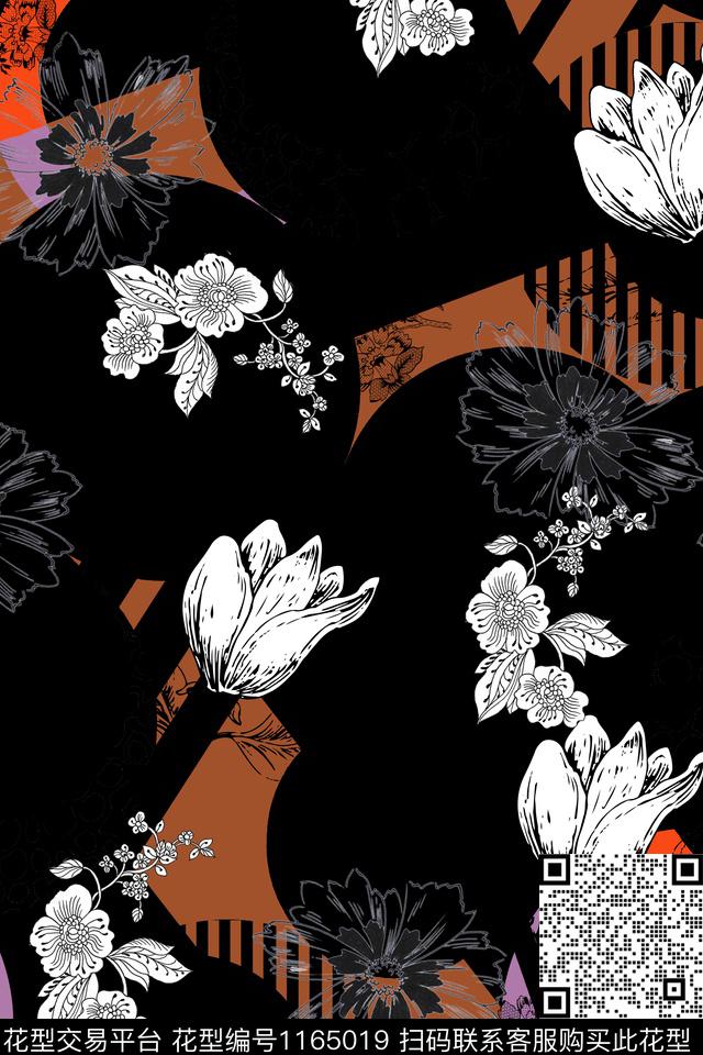 几何大牌风线条花卉传统印花花型下载（图片编号: 1165019） - 瓦栏（Walan）