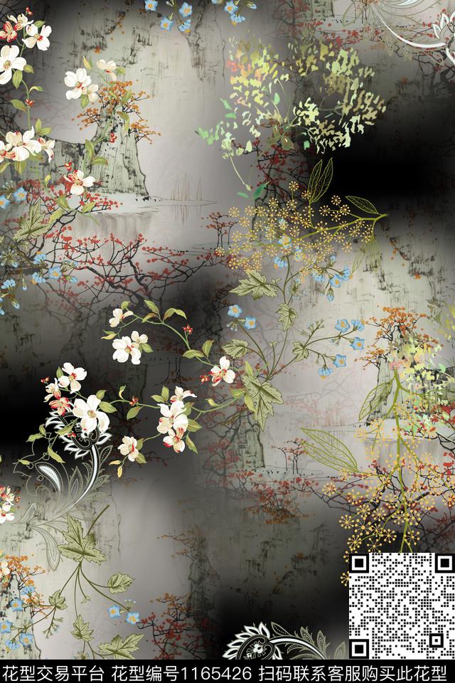 40-中国风水墨山水花卉服装面料花型.jpg - 1165426 - 花卉 中国 水墨风 - 数码印花花型 － 女装花型设计 － 瓦栏