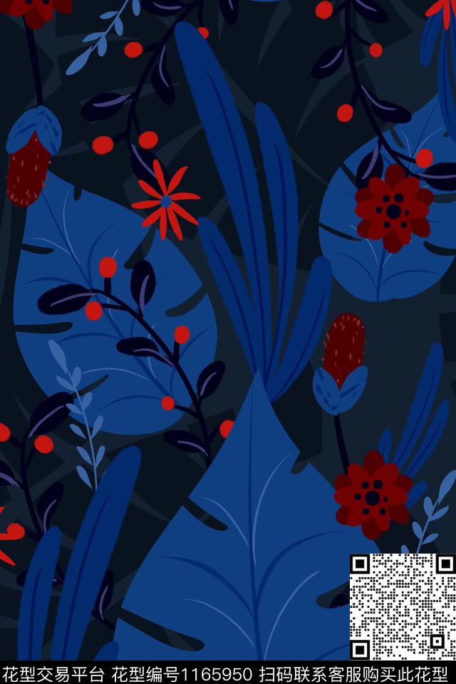 深底红花花型.jpg - 1165950 - 大牌风 植物 热带花型 - 数码印花花型 － 女装花型设计 － 瓦栏