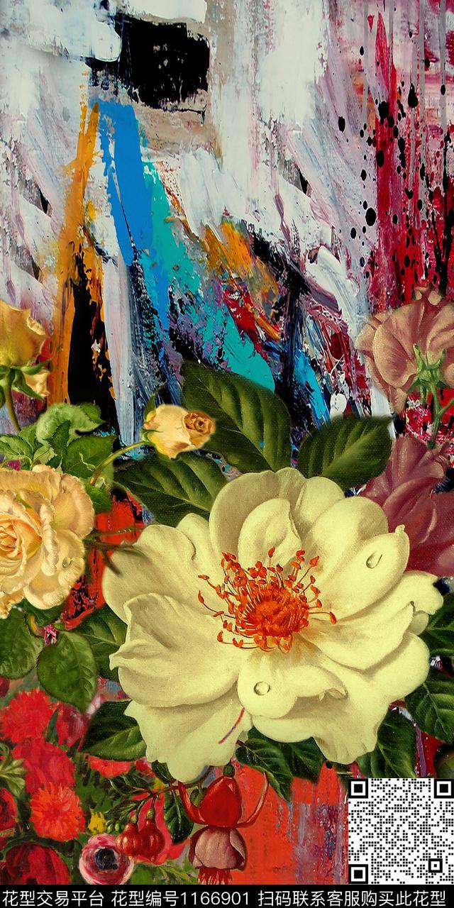 FLZ-H1.jpg - 1166901 - 手绘大花 抽象花卉 定位花 - 数码印花花型 － 女装花型设计 － 瓦栏