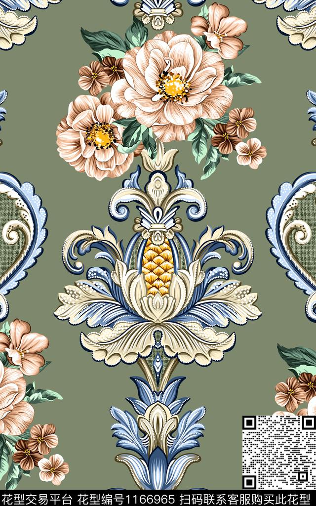 JXSJ010219.jpg - 1166965 - 沙发布 欧式定位花 手绘花卉 - 传统印花花型 － 沙发布花型设计 － 瓦栏