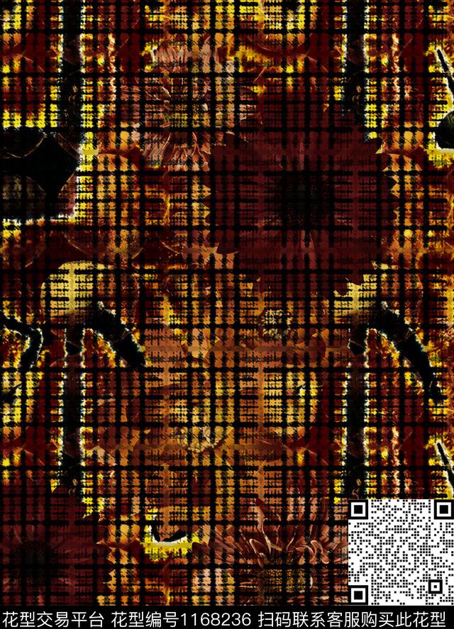 格子向日葵花卉数码印花花型下载（图片编号: 1168236） - 瓦栏（Walan）