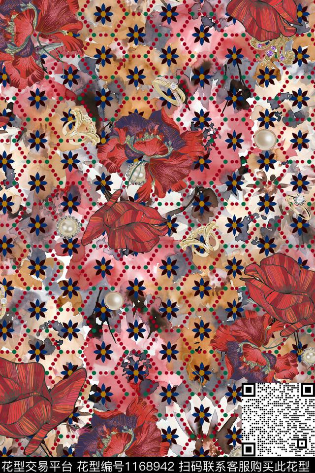 几何花卉大牌风数码印花花型下载（图片编号: 1168942） - 瓦栏（Walan）