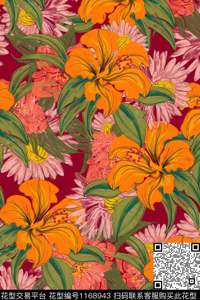红色.jpg - 1168943 - 数码花型 花卉 大牌风 - 数码印花花型 － 女装花型设计 － 瓦栏