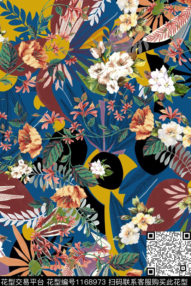几何抽象花卉数码印花花型下载（图片编号: 1168973） - 瓦栏（Walan）