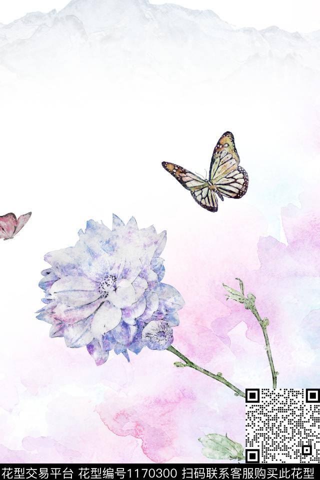 蝶恋花.jpg - 1170300 - 数码花型 水彩花卉 蝴蝶 - 数码印花花型 － 女装花型设计 － 瓦栏