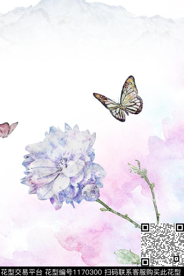 数码花型水彩花卉蝴蝶数码印花花型下载（图片编号: 1170300） - 瓦栏（Walan）