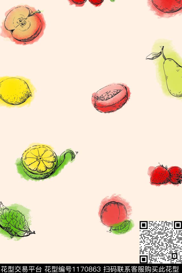 线条画手绘水果数码印花花型下载（图片编号: 1170863） - 瓦栏（Walan）