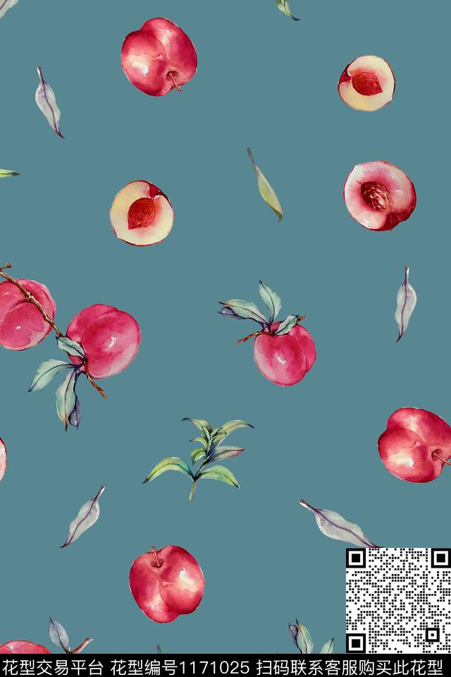 桃子2-1.jpg - 1171025 - 水彩 数码花型 水果 - 数码印花花型 － 女装花型设计 － 瓦栏