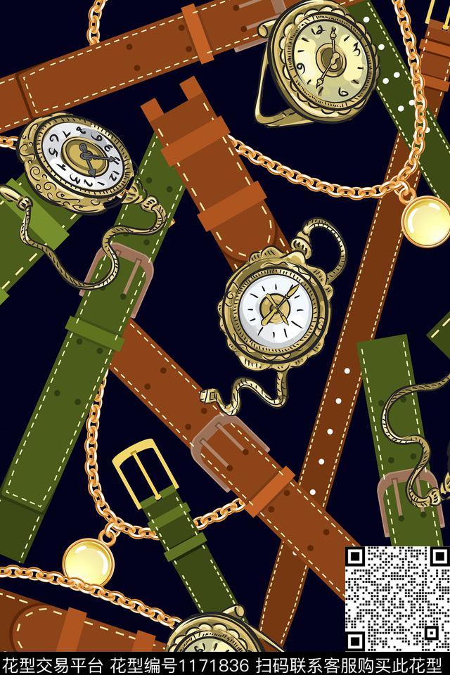 皮带，西洋钟表，铁链.jpg - 1171836 - 皮带 珠宝宝石 西洋钟表 - 数码印花花型 － 女装花型设计 － 瓦栏
